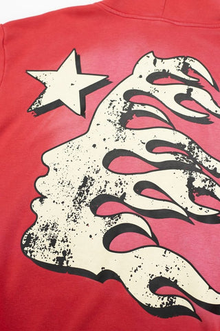 Bright Red Heavyweight Hoodie Retro Flame Letter Print Street‑Wear