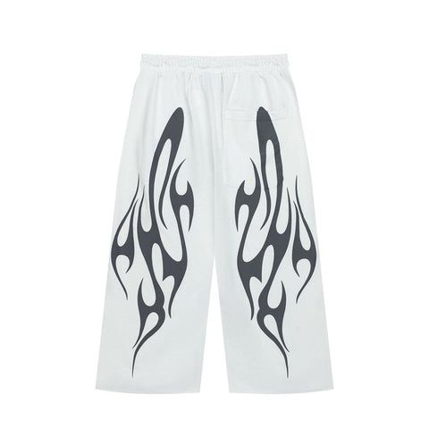 Black White Flame Graphic Loose Drawstring Street‑Wear Pants