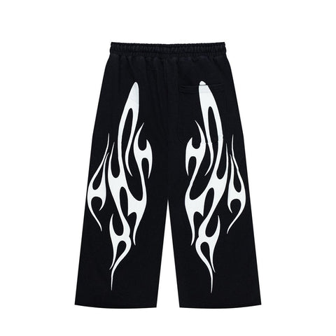 Black White Flame Graphic Loose Drawstring Street‑Wear Pants