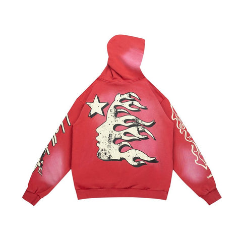 Bright Red Heavyweight Hoodie Retro Flame Letter Print Street‑Wear