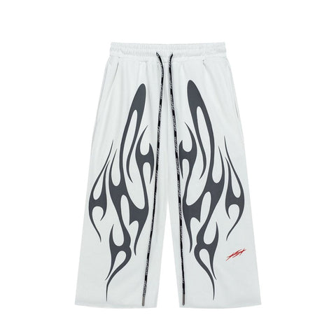 Black White Flame Graphic Loose Drawstring Street‑Wear Pants