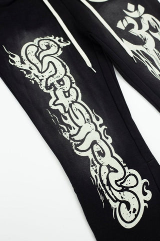 Black Gothic Embroidery Loose‑Fit Flare Casual Sweatpants