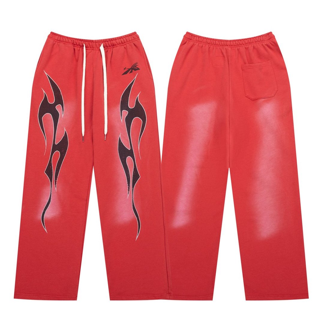 Red Flame Graphic Wide‑Leg Sweat Pants Drawstring Street‑Wear Trousers