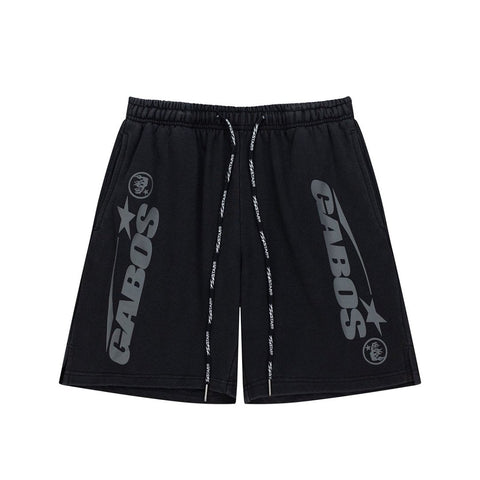 Black Side Letter Graphic Drawstring Loose Street‑Wear Shorts