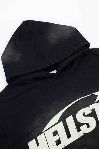 Retro Distressed Print Loose Fit Streetwear Black Hoodie