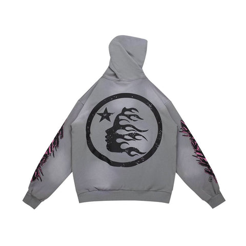 Y2K Gothic Street‑Wear Grey Hoodie Double‑Sided Graphic Drawstring Pullover
