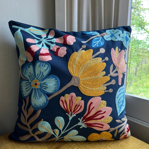 Midnight Gardens Embroidered Throw Pillow Cover