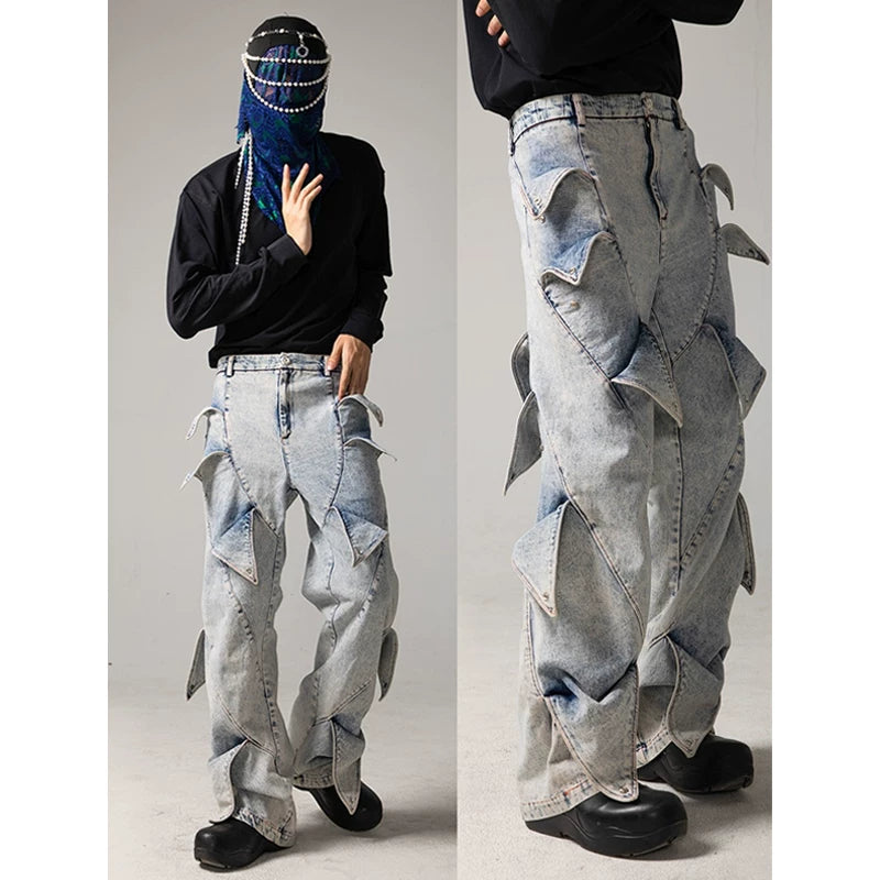 DND4DES deconstructs washed denim jeans with a sense of niche design, retro snow flower washing technology, youth trend pants