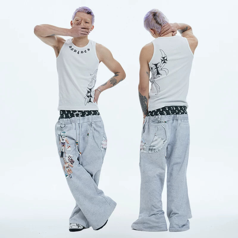 DND4DES Deng Kai Same Style American Street Hip Hop Tight Elastic Honeysuckle Cross Printed Tank Top Multi Color