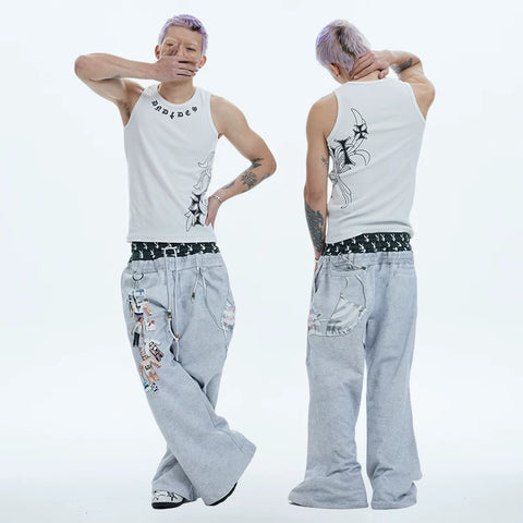 DND4DES Deng Kai Same Style American Street Hip Hop Tight Elastic Honeysuckle Cross Printed Tank Top Multi Color