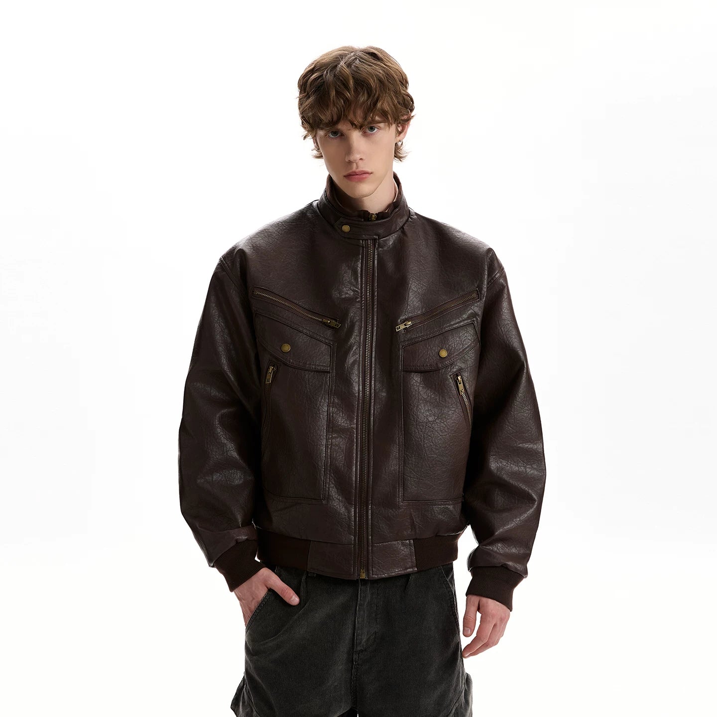 A PUEE American retro texture design PU leather jacket boxy multi pocket silhouette motorcycle suit jacket trendy
