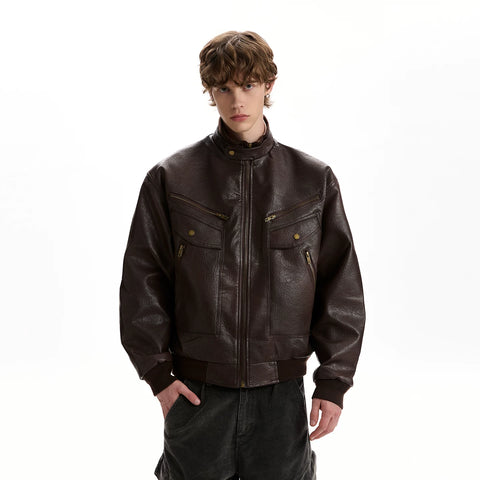 A PUEE American retro texture design PU leather jacket boxy multi pocket silhouette motorcycle suit jacket trendy