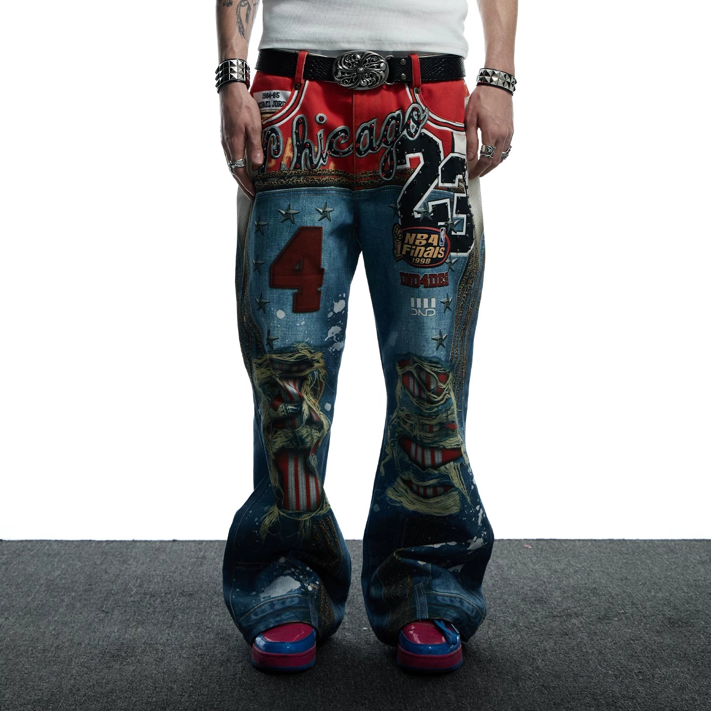 DND4DES Wang Sulong's original American style 3D printed leopard print perforated straight leg micro flared jeans and pants