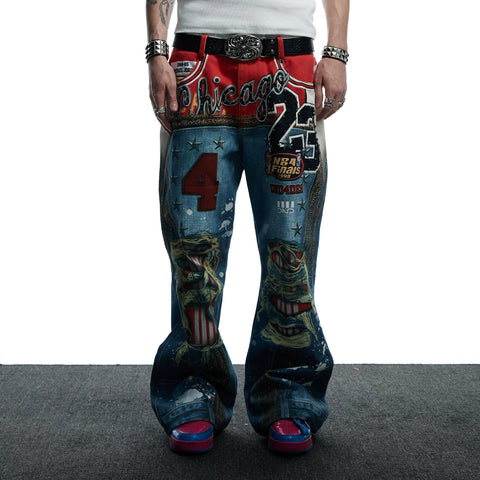 DND4DES Wang Sulong's original American style 3D printed leopard print perforated straight leg micro flared jeans and pants