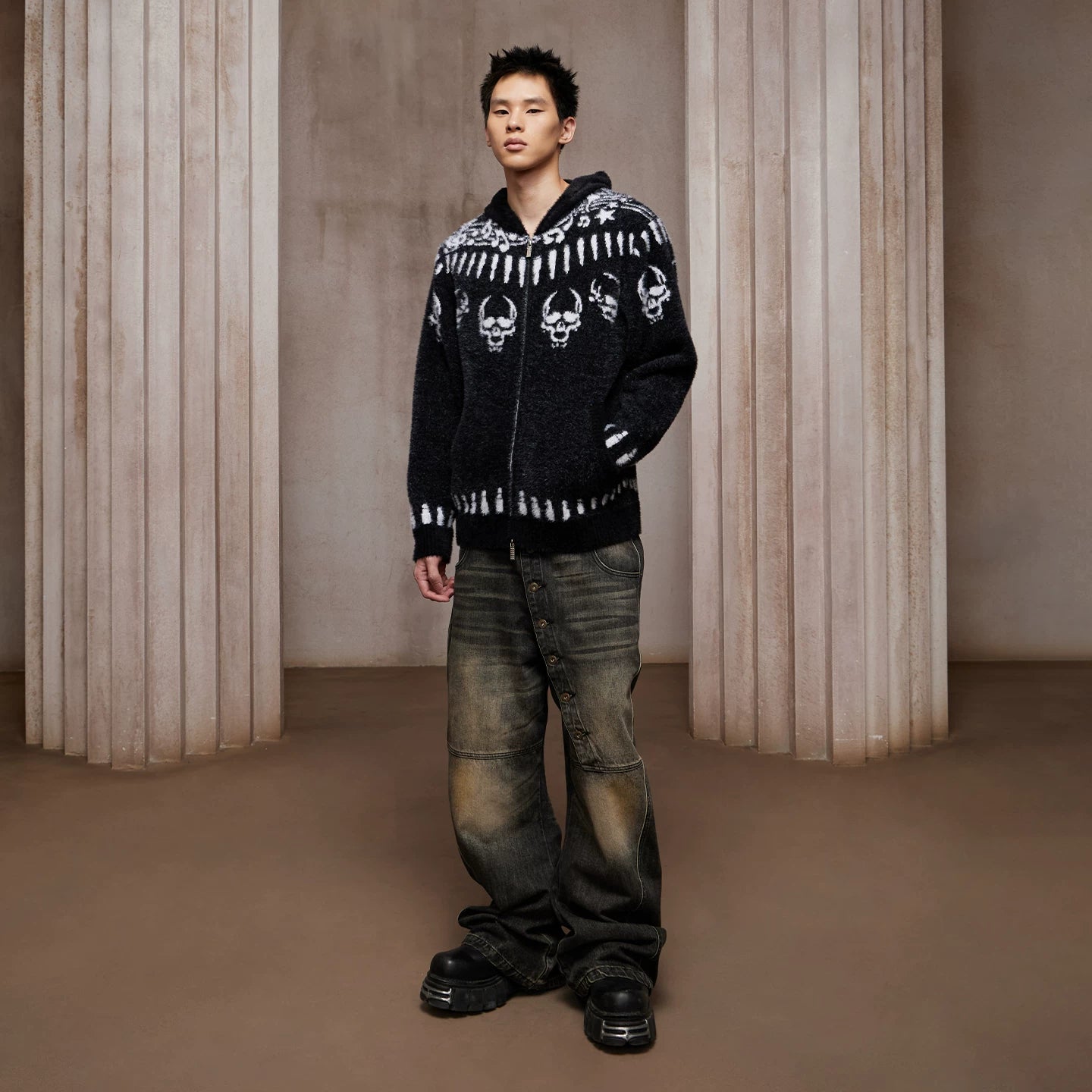 DND4DES imitation mink fur note bullet skull print Fel Island wool knit sweater contrasting zipper hooded jacket