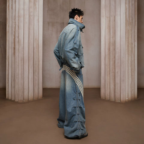DND4DES Chen Sihan's same American retro heavy-duty washed distressed pleated striped patchwork wide leg jeans