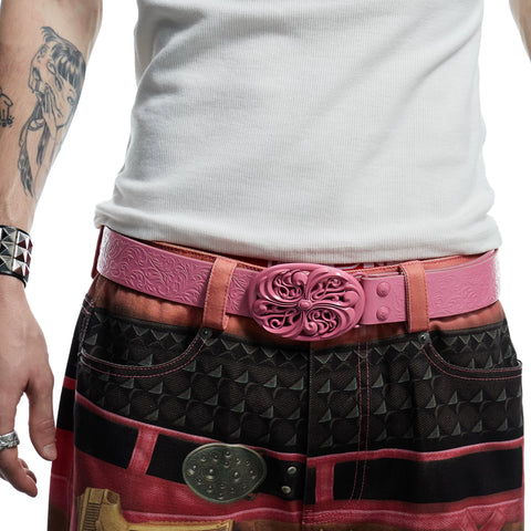 DND4DES Retro Pink Honeysuckle Pattern Customized Buckle, Pink Heavy duty Head Layer Cowhide Leather Belt Belt