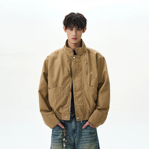 A PUEE American retro bomber standing collar pilot jacket men's and women's boxy short Barn style workwear jacket