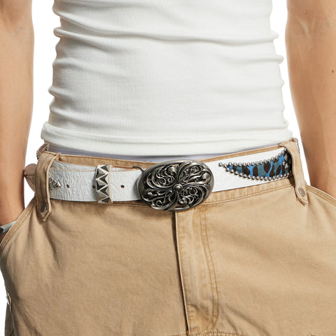 DND4DES Retro Honeysuckle Pattern Carving Western Nail Diamond Contrast Splicing Belt Heavy duty Head Layer Cowhide Belt