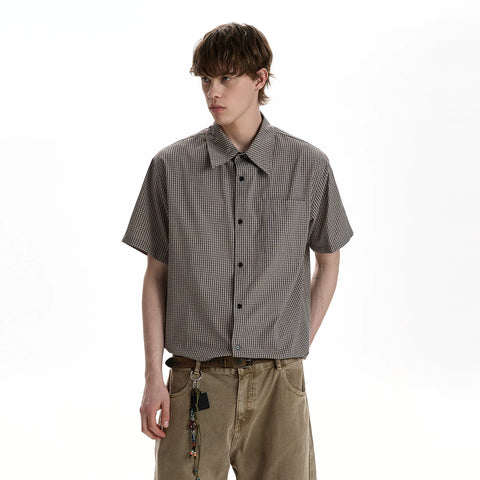 A PUEE American retro high intelligence plaid short sleeved shirt cleanfit commuting versatile short T-shirt top