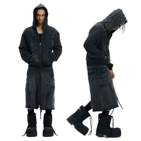 DND4DES original design deconstruction double waisted washed distressed cropped pants 340g pure cotton shorts loose sweatpants