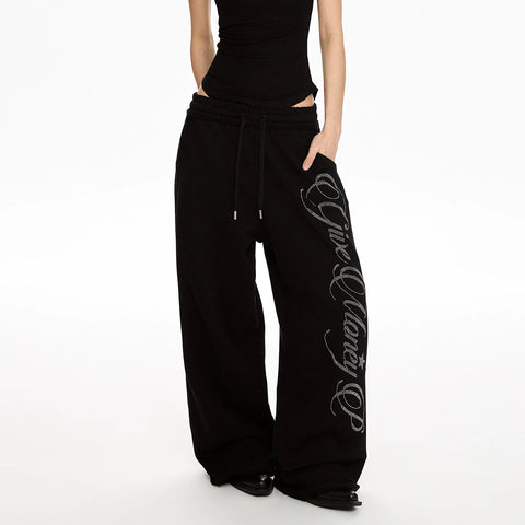 A PUEE American retro letter hot diamond drawstring sweatpants for men and women, casual loose sports, street dance, cool casual pants