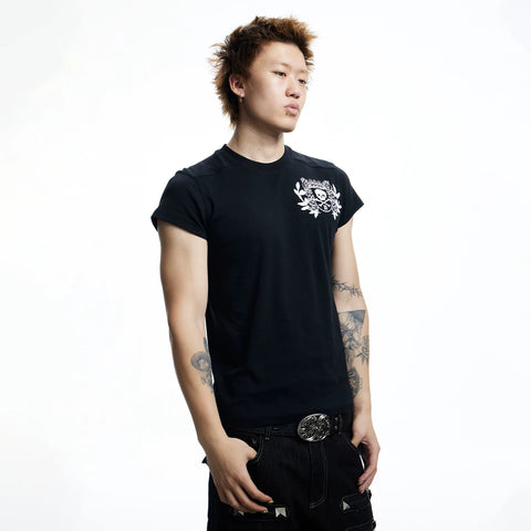 DND4DES Dark Style Skull Printed Shoulder T-shirt American Street Slimming Top