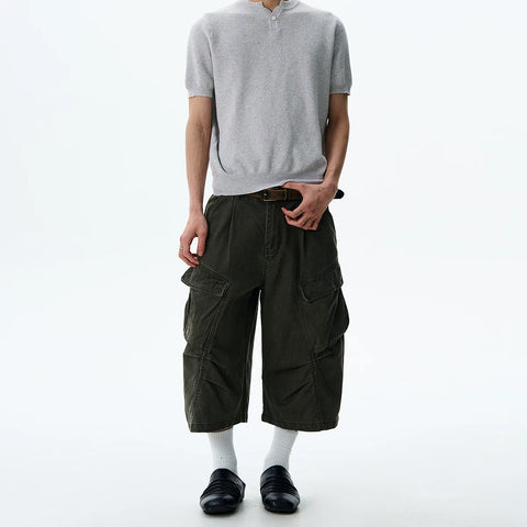 A PUEE American retro vintage vintage distressed large pocket workwear shorts for men and women, high intelligence loose cropped pants