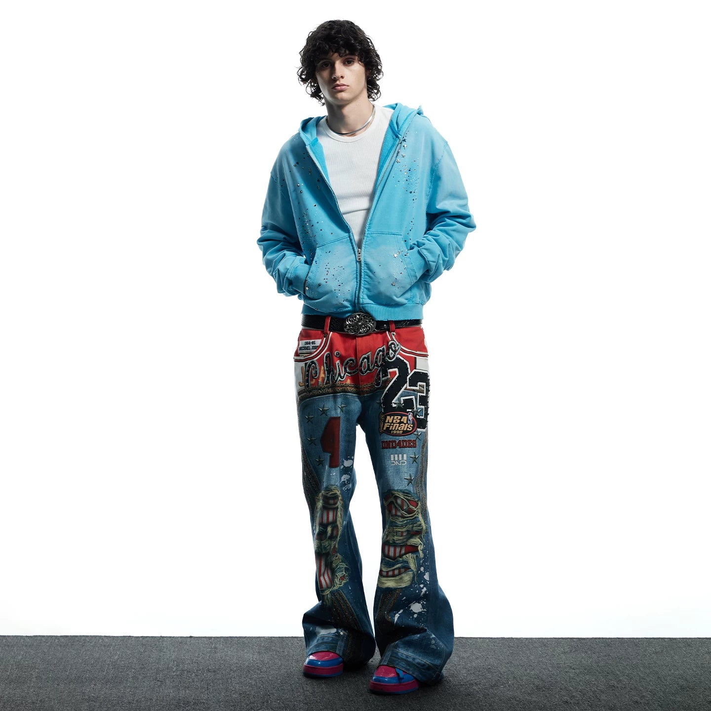 DND4DES Wang Sulong's original American style 3D printed leopard print perforated straight leg micro flared jeans and pants