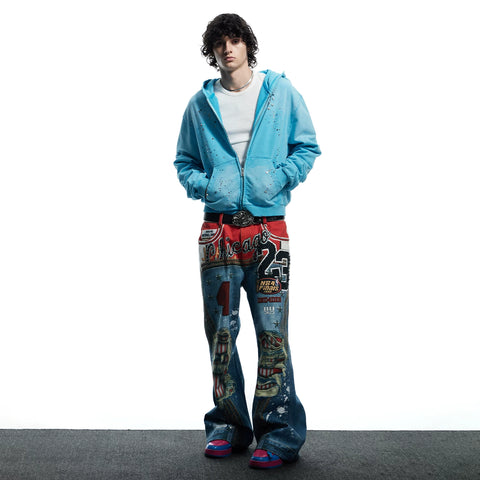 DND4DES Wang Sulong's original American style 3D printed leopard print perforated straight leg micro flared jeans and pants