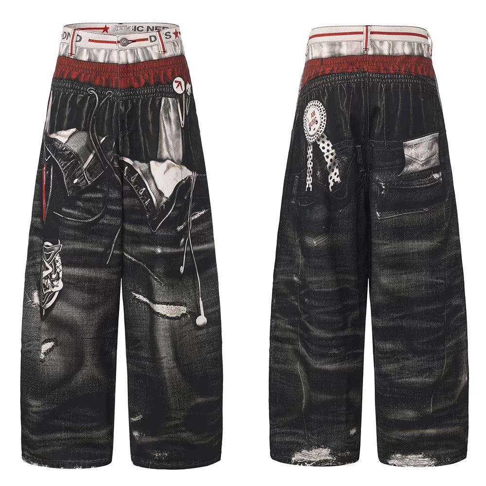 DND4DES Liu Yaowen's original American style 3D printed three waisted printed curved knife silhouette baggy jeans