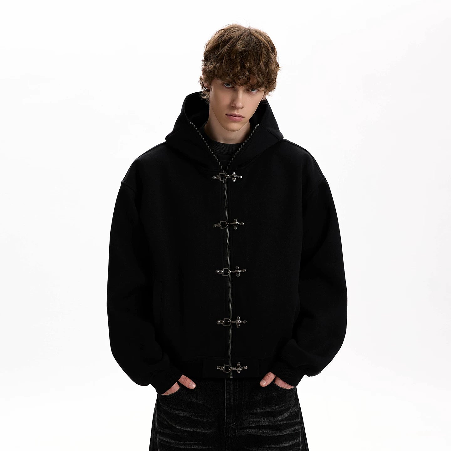 A PUEE American retro clean fit airplane buckle design sense zipper hoodie boxy version short jacket trendy
