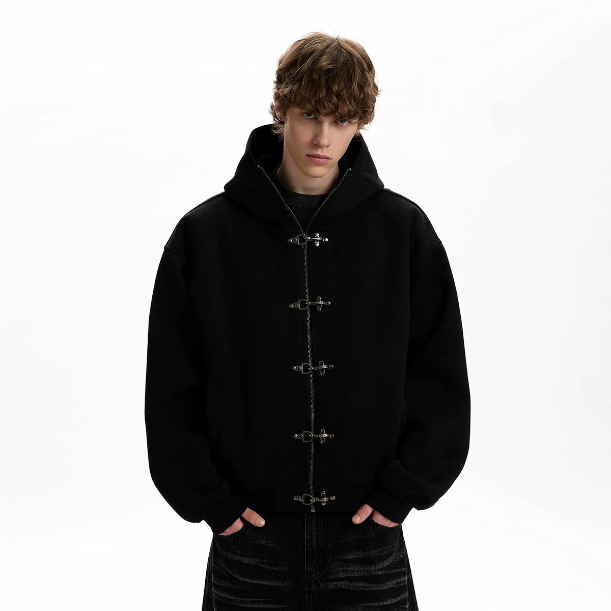 A PUEE American retro clean fit airplane buckle design sense zipper hoodie boxy version short jacket trendy