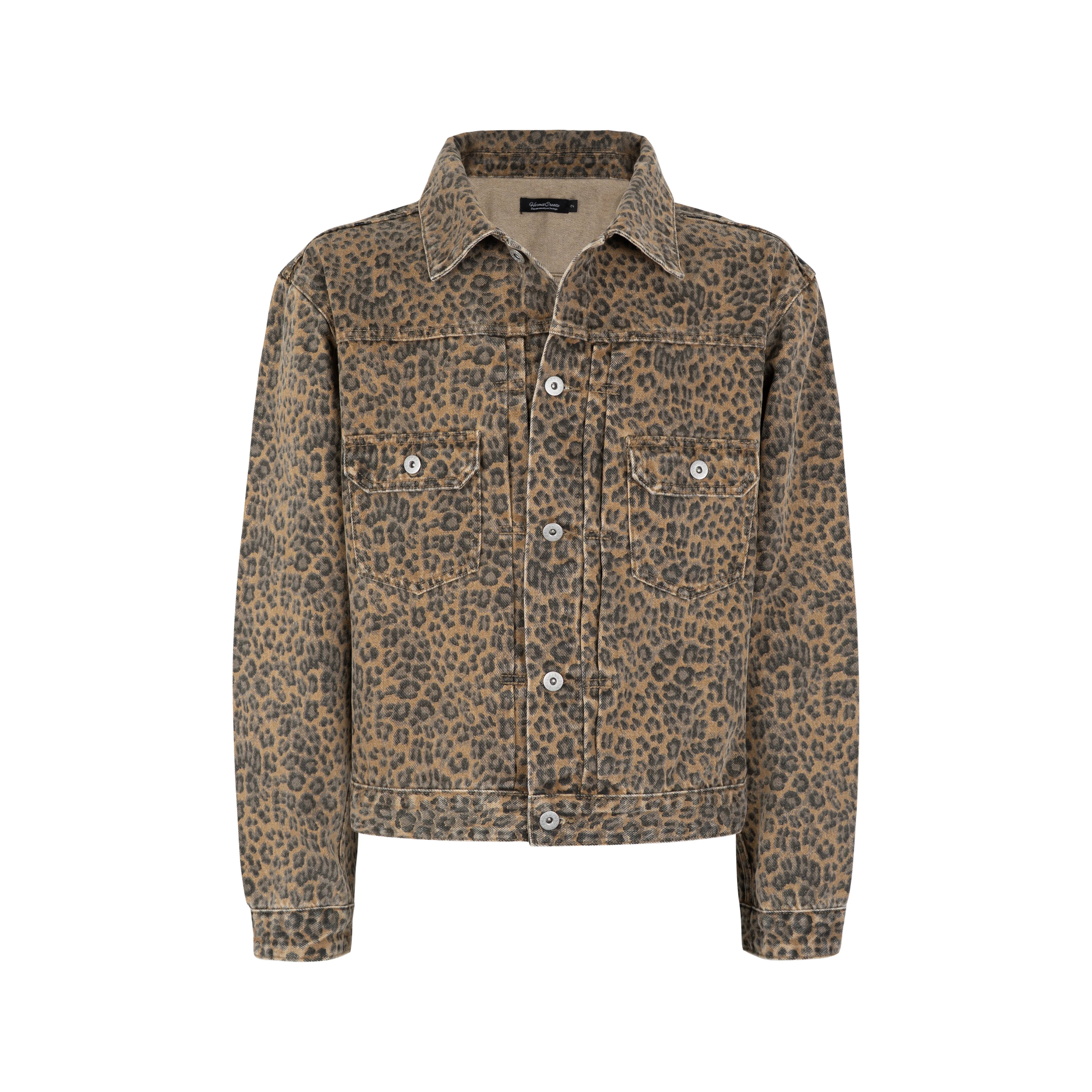 HC/HermitCreate vintage washed leopard print five-star jacket with short and wide denim for street wear