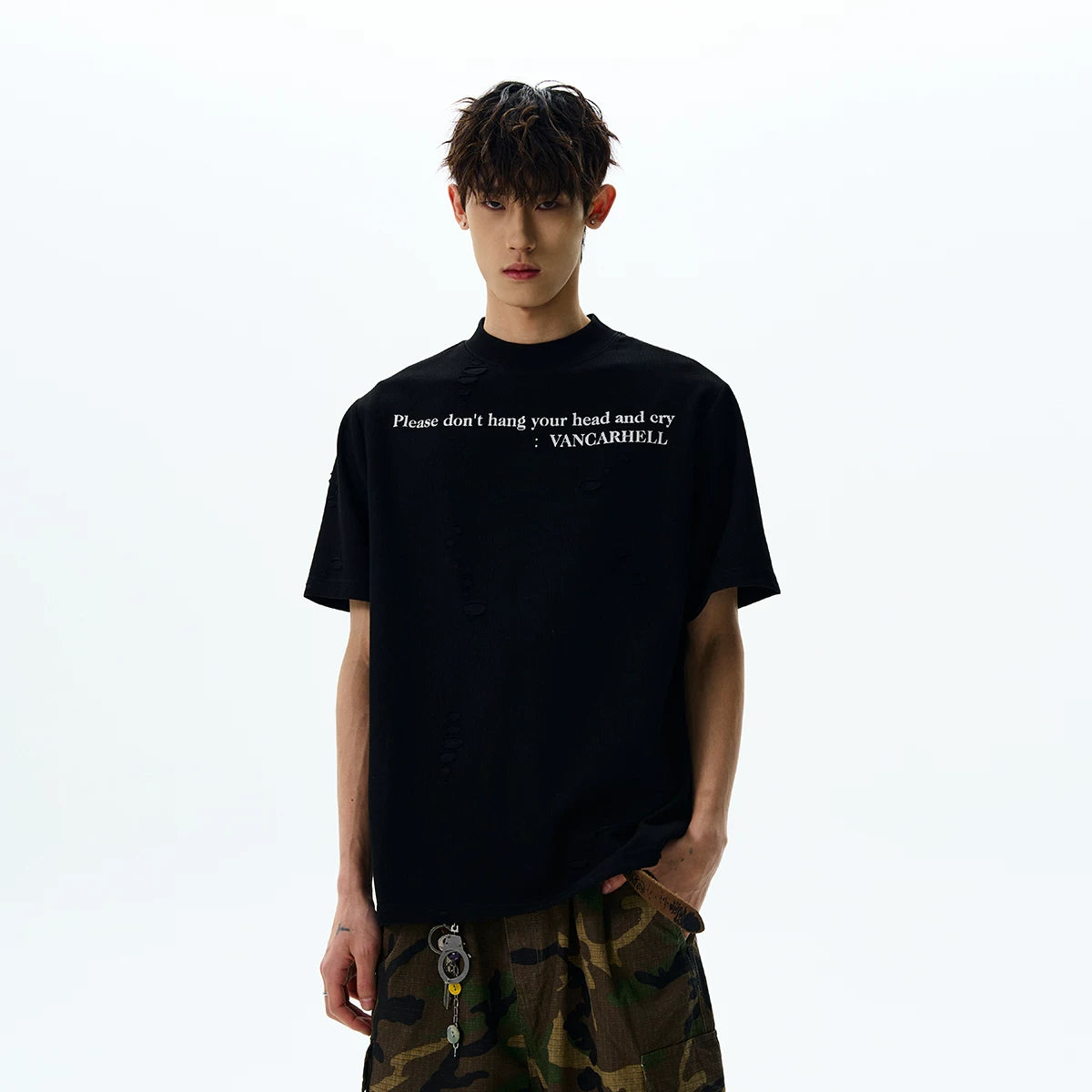 A PUEE American Retro Cleanfit Letter Slogan Punched Short Sleeve T-shirt High End Versatile Loose Top