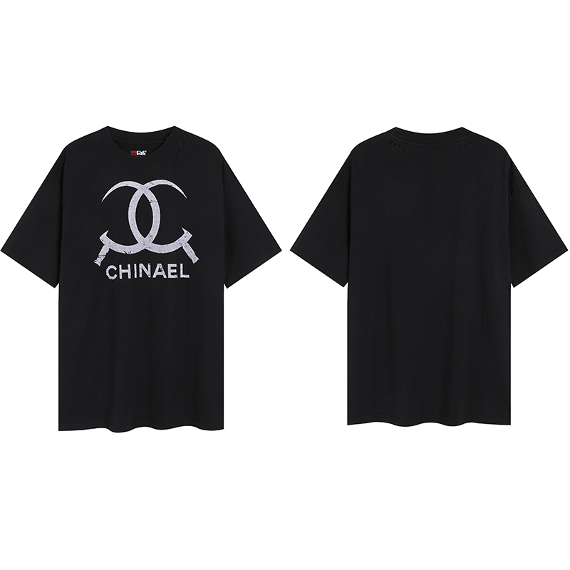 DND4DES American Newvintage parody with split Nair print short wide round neck t-shirt
