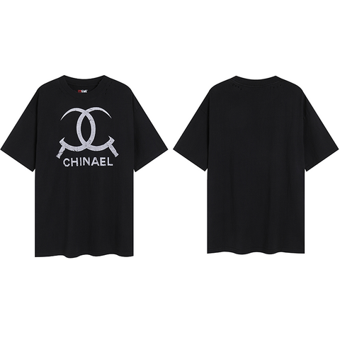 DND4DES American Newvintage parody with split Nair print short wide round neck t-shirt
