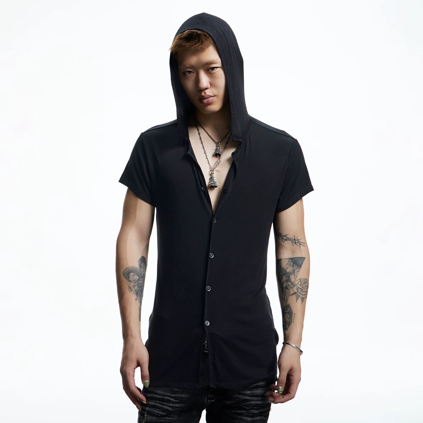 DND4DES niche design hooded T-shirt pleated design niche wool blend short sleeved shirt