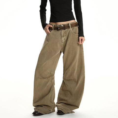A PUEE Retro Deconstructed Wrinkle Washed Outdated Curved Knife Jeans Loose Straight Tube Micro Pull High End Long Pants