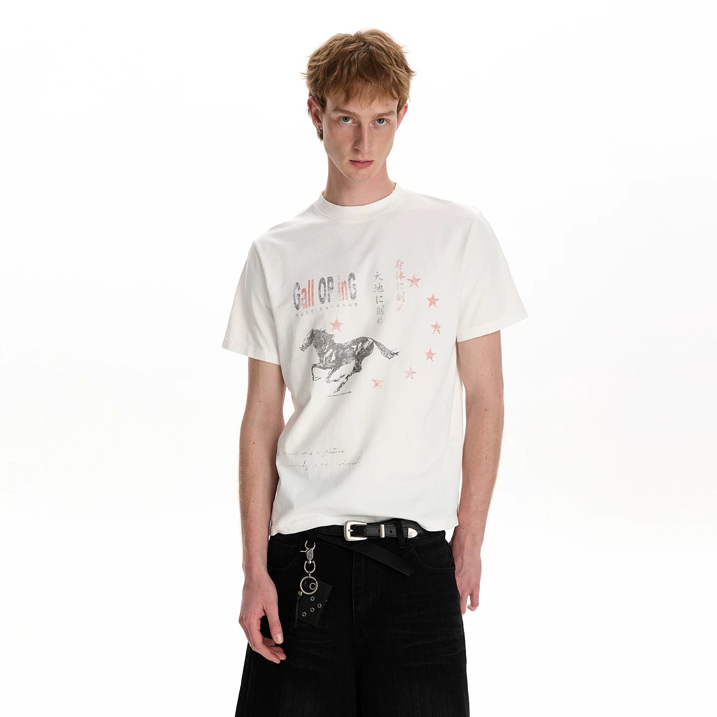 A PUEE Retro Fading Horse Year Printed Short sleeved T-shirt Cleanfit Commuter Versatile Shoulder Short Top Summer