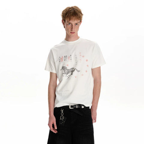 A PUEE Retro Fading Horse Year Printed Short sleeved T-shirt Cleanfit Commuter Versatile Shoulder Short Top Summer
