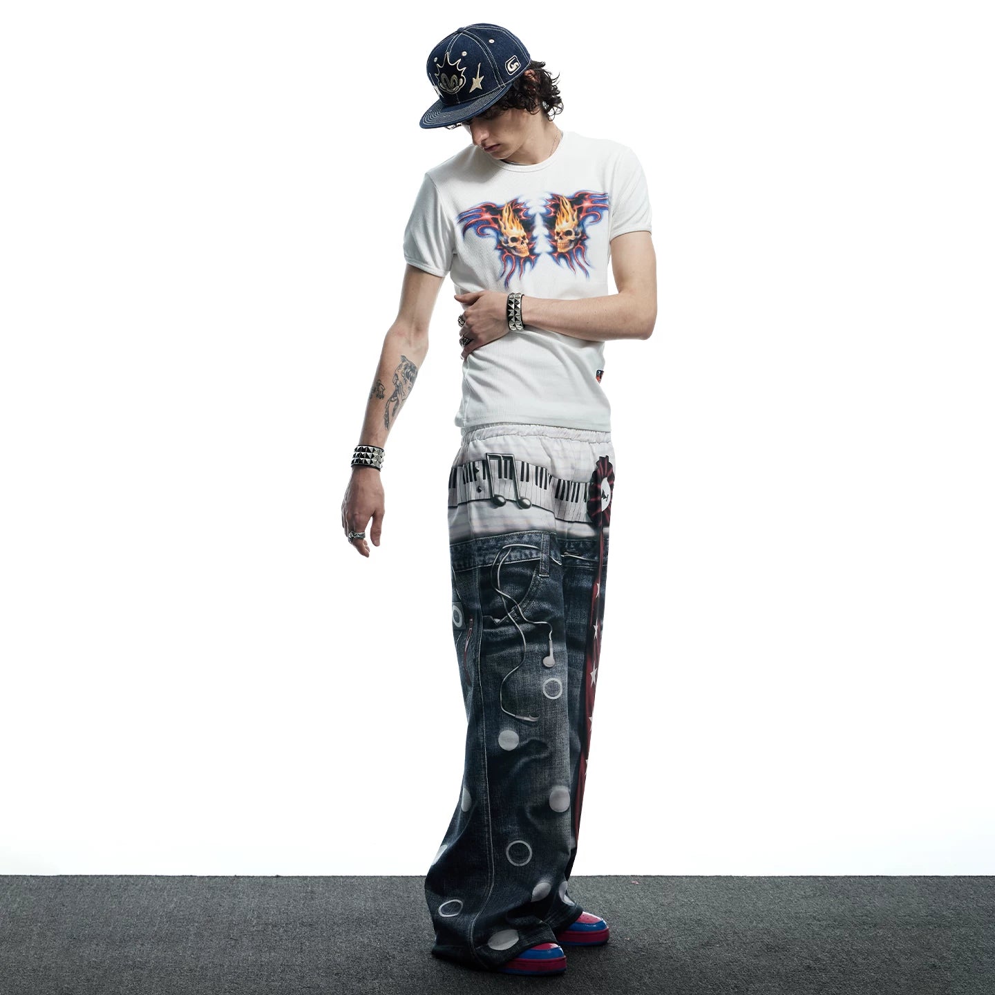 DND4DES American Street Hip Hop Short Sleeve Tight Elastic Skull Print Slimming Bottom Thread T-shirt