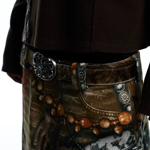 DND4DES Wang Sulong's same retro honeysuckle pattern brown horsehair heavy industry top layer cowhide leather belt waist belt