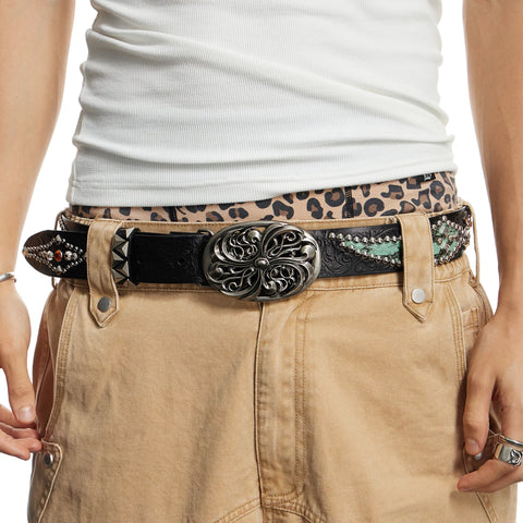 DND4DES Retro Honeysuckle Pattern Carving Western Nail Diamond Contrast Splicing Belt Heavy duty Head Layer Cowhide Belt