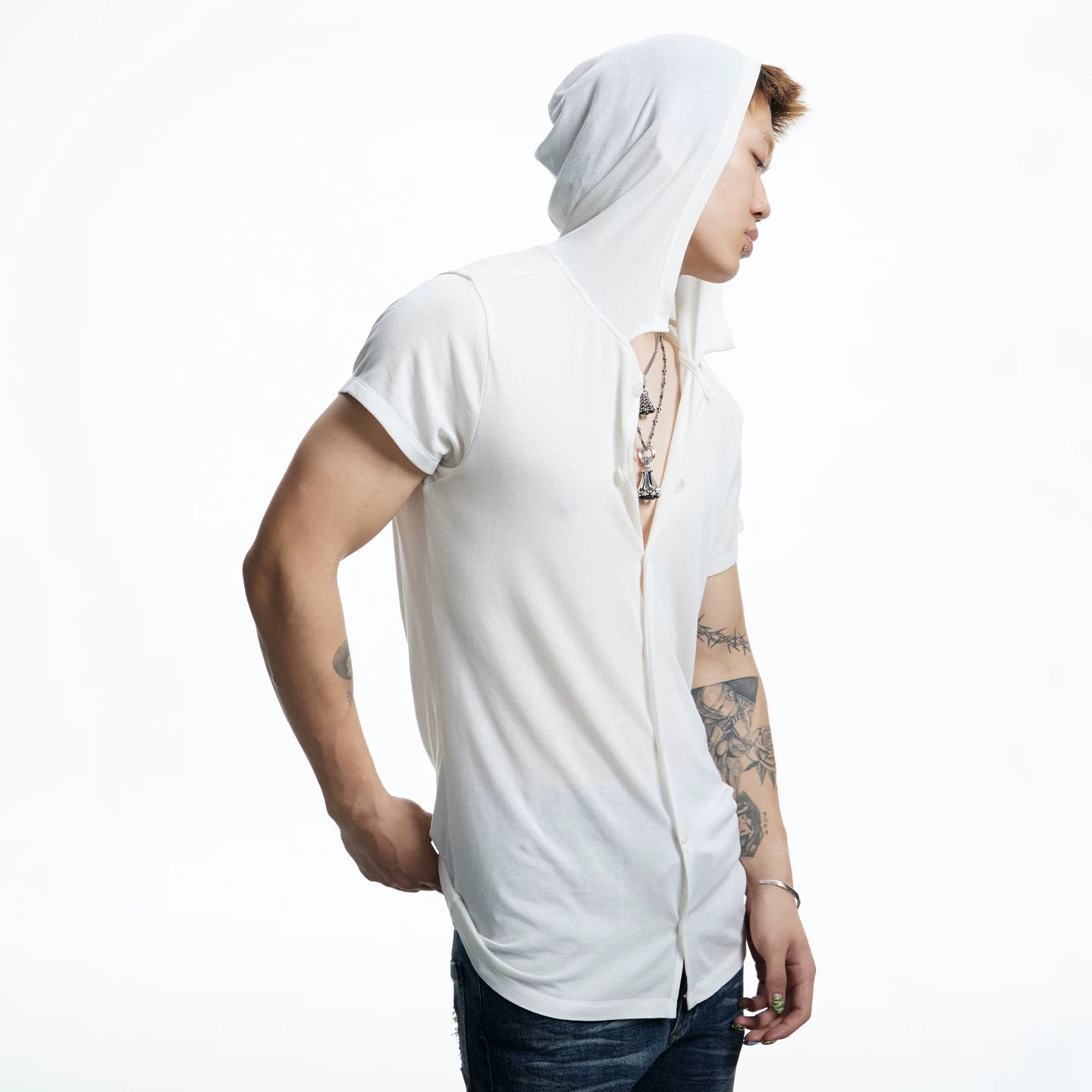 DND4DES niche design hooded T-shirt pleated design niche wool blend short sleeved shirt