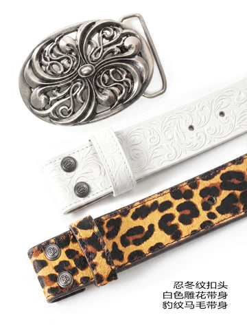 DND4DES Ding Yuxi's retro honeysuckle pattern carved belt, heavy-duty head layer cowhide leather belt, waist belt