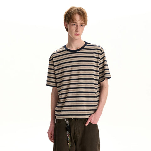A PUEE retro high intelligence striped short sleeved T-shirt for men and women's cleanfit commuting versatile loose casual top
