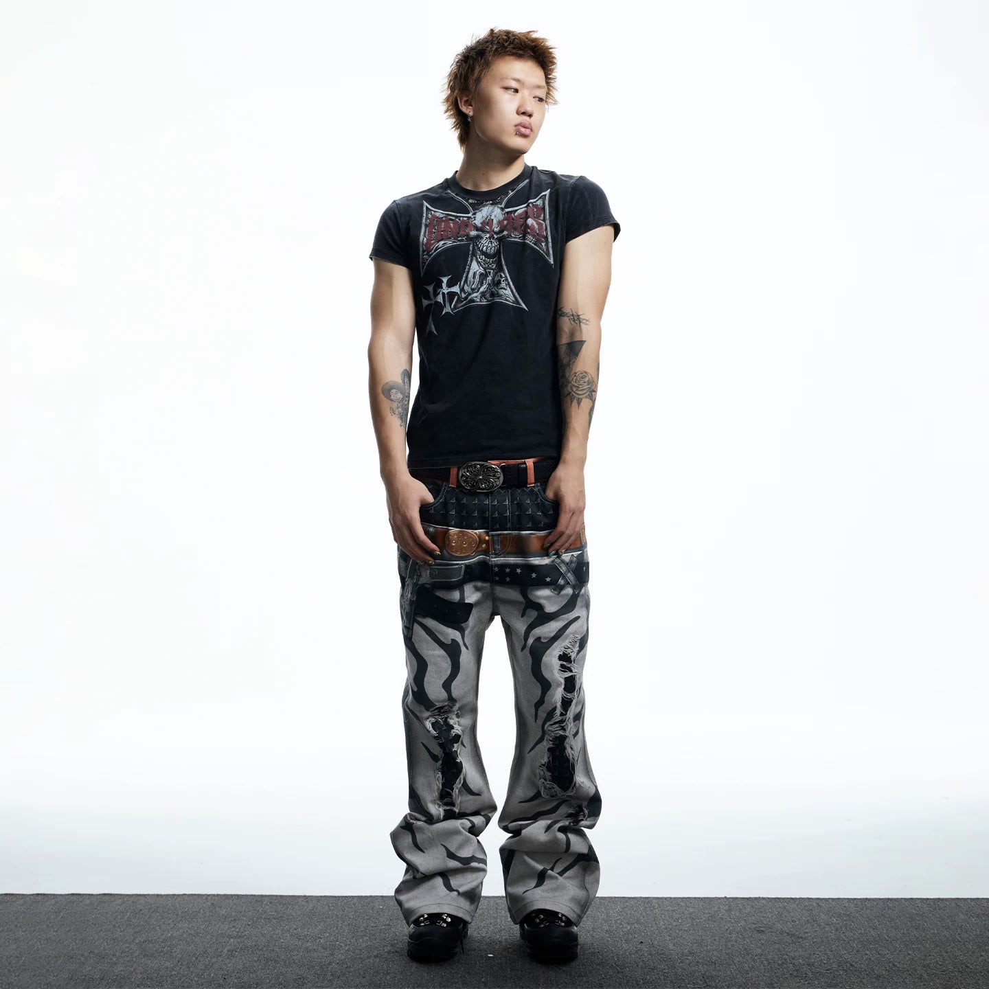DND4DES American High Street Skeleton Cross T-shirt with Dark Graffiti Printed Short Sleeve