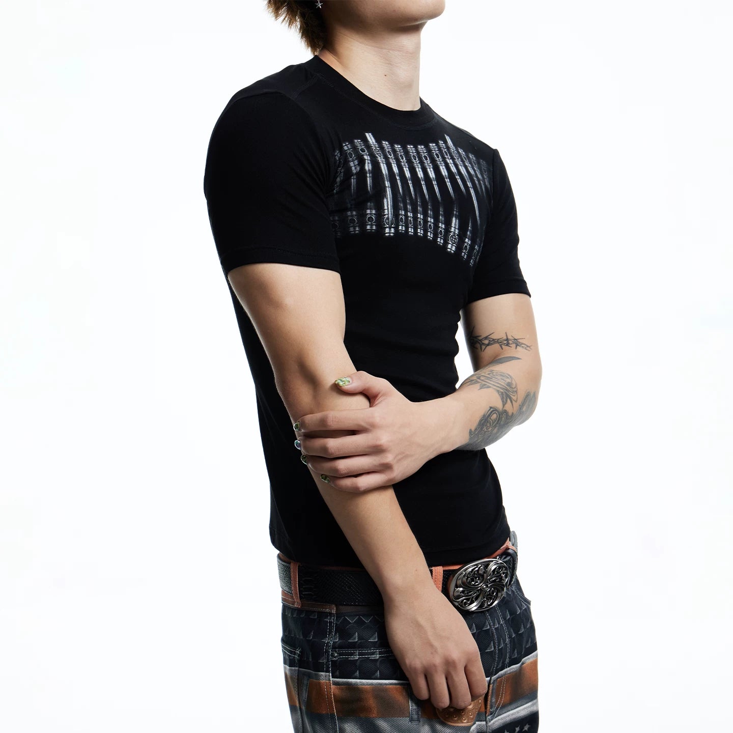 DND4DES American High Street Bullet Printed T-shirt Elastic Tight Gothic Dark Wind Wool Blended Short Sleeve
