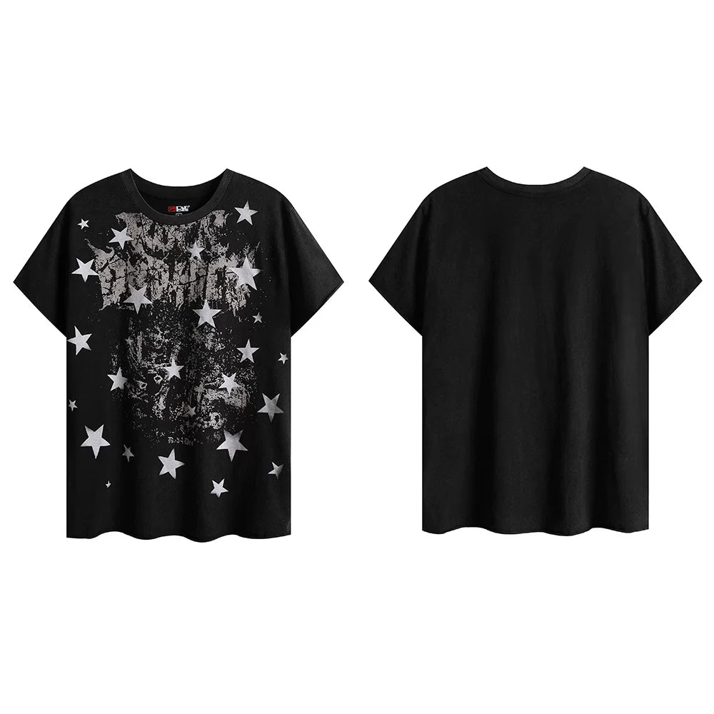 Wang Heye The same DND4DES original dark punk star print curled shoulder T-shirt American slim short sleeve